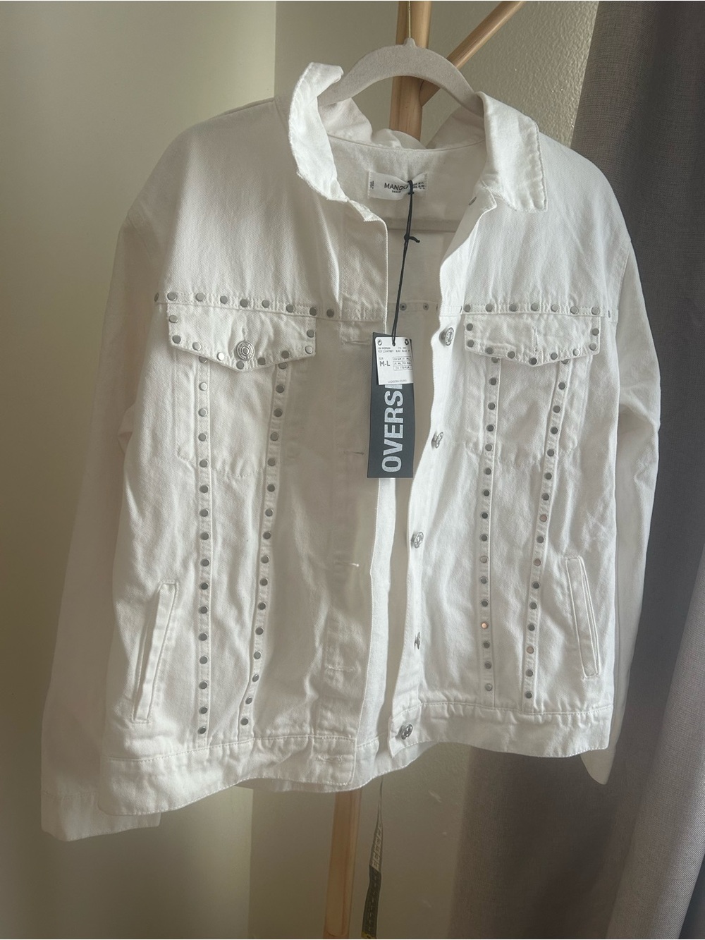 Mango White Oversized Stud-Trim Denim Jacket
